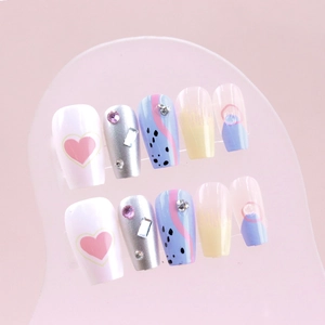 Handmade ballerina press-on nails set with 3D rhinestones and heart patterns
