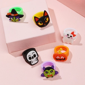 6-piece Halloween PVC soft rubber rings set with ghost, pumpkin, and witch motifs for kids
