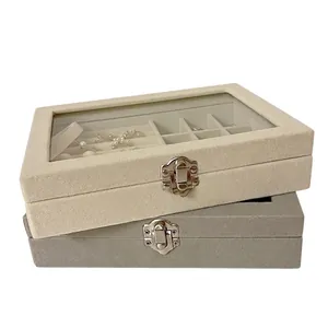 Velvet jewelry box set with clear window for rings and necklaces in beige and grey