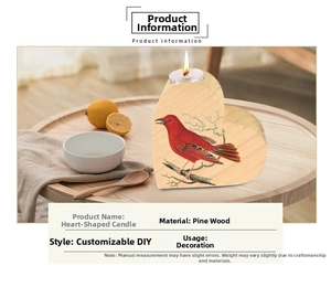 Detailed view of heart-shaped pine wood candle holder with red bird print and tea light