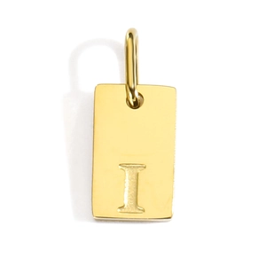 Detailed macro view of an 18k gold plated rectangular pendant featuring engraved letter I