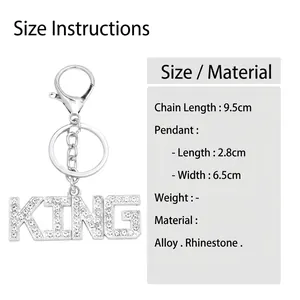 Silver rhinestone KING letter keychain with crown and lobster clasp for bag decoration