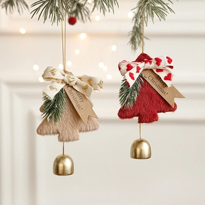 Plush Christmas tree ornament with golden bell and bow in red and beige colors