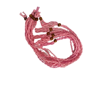 Pink woven crystal cage necklace with brown wooden beads and adjustable cord string