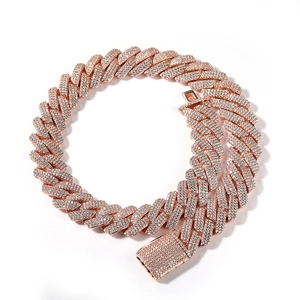 Rose gold 20mm Cuban link necklace with zircon pavé setting on white background