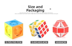Detailed dimensions of 3x3 cube, hollow sphere puzzle, and red-white geometric twist toy