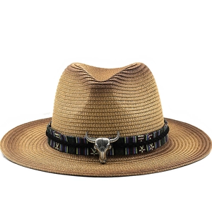 Straw Fedora Hat Wide Brim Gradient Western Cowboy Bull Head Ornament Ethnic Band Sun Protection Outdoor Travel