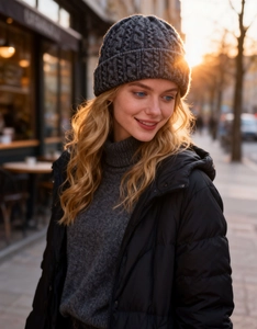 Close-up of cable knit beanie texture with a quilted down jacket in sunset light