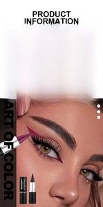 Detail view of matte eyeliner cream and purple makeup application on model's eyelid