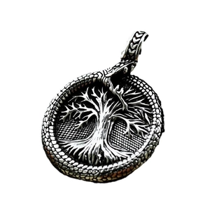 Silver stainless steel Viking Tree of Life pendant with circular Ouroboros snake motif