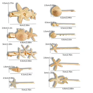 Detailed size chart for ocean theme metal hair clips with starfish and shell designs