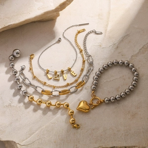 Mixed bead and chain stainless steel jewelry collection with LOVE heart pendants