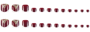Detail of 24pcs dark wine red and white French tip press-on toenails with rhinestones