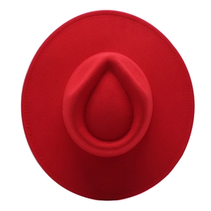 Vibrant red wool felt fedora hat with a wide brim and classic teardrop crown for women
