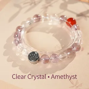 Natural white and purple crystal beaded bracelet with vintage silver Fu character charm
