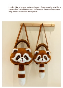 Detail view of large and small raccoon plush bags with striped tails and furry texture