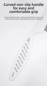 Close-up of the curved non-slip handle and ergonomic grip of the pet grooming comb
