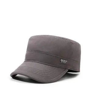 Detail of grey cotton flat top cap showing thick canvas texture and sports style label
