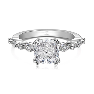 S925 silver ring featuring cushion-cut center stone and marquise accent diamonds