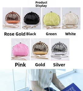 Collage of shell-shaped acrylic clutches in seven metallic colors with chain straps