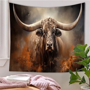 Realistic longhorn art tapestry hanging on a white wall in a cozy modern home interior