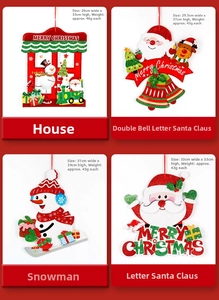Detail of glittery Merry Christmas hanging ornaments featuring Santa, snowman and house motifs