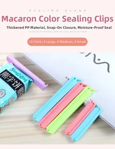 Detailed view of 12-pack multicolor plastic sealing clips in three assorted sizes