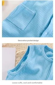Detail of light blue ribbed cotton baby romper featuring a small pocket and sleeveless cut