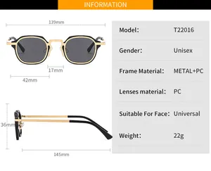 Size chart and specifications for vintage square metal sunglasses with detailed measurements