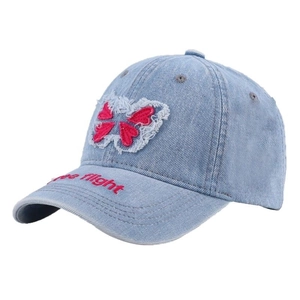 Light blue denim baseball cap featuring butterfly embroidery and free flight text