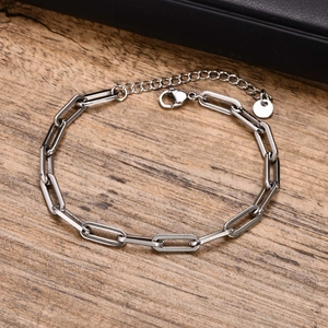 Polished silver stainless steel geometric rectangular link bracelet with lobster clasp