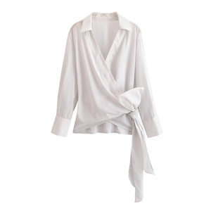 Women Striped Blouse Shirt Wrap Tie Waist Long Sleeve Lapel V Neck Polyester Casual Office Fashion Elegant Tops