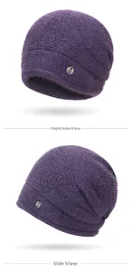 Detail view of purple knit beanie featuring thick texture and metallic M logo accent