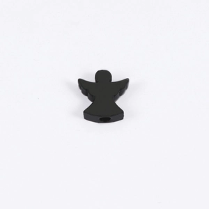 Close-up of a glossy black angel-shaped bead with a smooth mirror finish for DIY jewelry