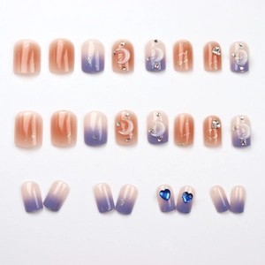 Mocha starry moon press-on nails set with gradient purple heart gems and pearls