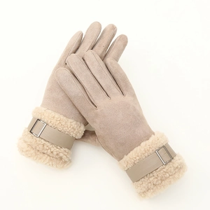 Women's warm winter faux suede gloves in beige with fleece lining and metal buckle