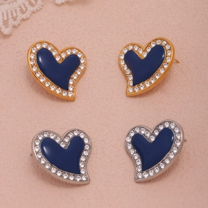 Blue heart earrings with rhinestone inlay in gold and silver stainless steel frames