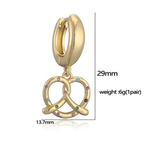 Golden pretzel drop earrings with colorful zircon stones, dimensions 29mm by 13.7mm