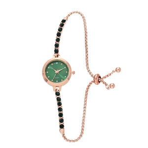 Elegant rose gold bracelet watch with green dial and adjustable rhinestone chain link