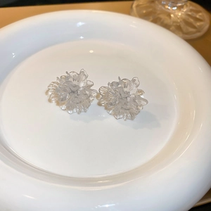 Close-up of elegant clear resin flower stud earrings on white ceramic dish