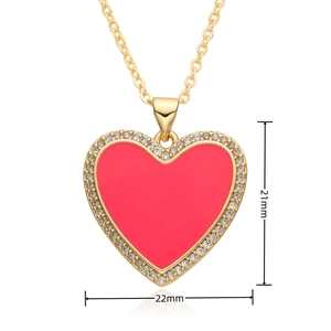 Close-up of heart necklace with red enamel, white zircon border and dimensions 21x22mm