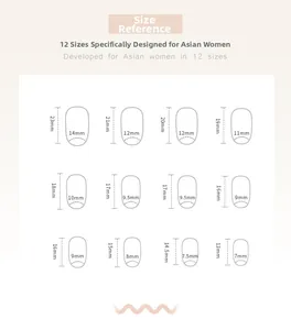 Detailed size guide for 24pcs press-on nails showing 12 different dimensions in mm