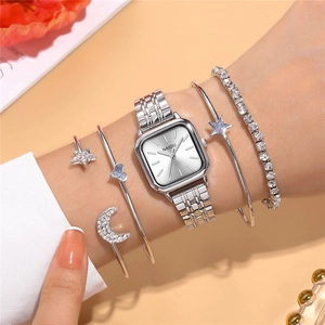 Silver square watch set with luxury star heart bangles and crystal tennis bracelet