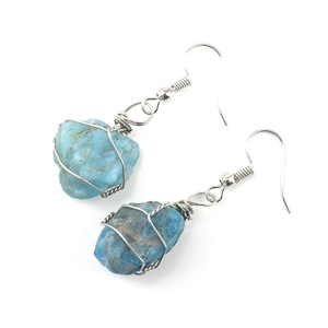 Detail of silver wire-wrapped raw blue natural stone earrings on white background