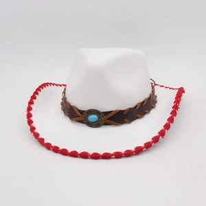 Detail of white fedora hat featuring red crochet trim and turquoise gemstone band