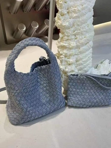 Blue denim woven tote bag with matching pouch, spacious shoulder bag for women