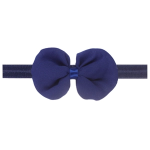 Detailed view of dark blue chiffon bow headband with elastic strap for newborns