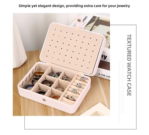 Detailed pink PU leather jewelry box with double-layer storage for rings and earrings