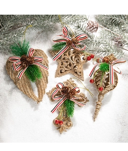 Golden Christmas tree ornaments with glitter stars, wings and festive pine cone details