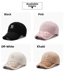 Detail view of winter lambswool baseball caps in black, pink, beige, and khaki colors